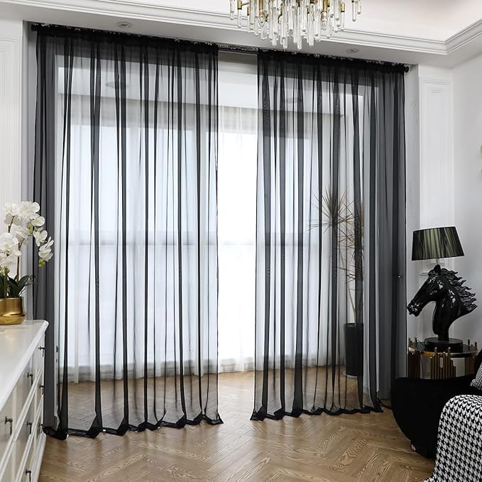 Window Black Sheer Curtains 60 Inches Width 84 Inches Long 2 Panels Sheer Curtains Clear Curtains Basic Rod Pocket Panel for Home Living Room Bedroom Kids Room Yard Patio Parlor Sliding