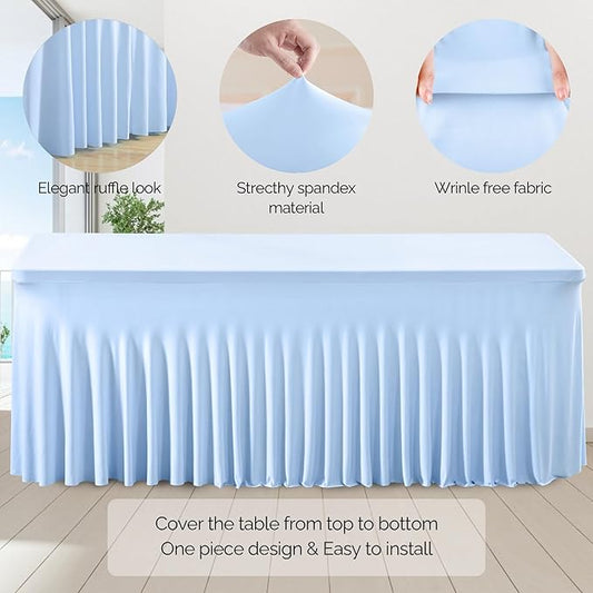 2 Pack Baby Blue Spandex Table Clothes for 6 Foot Rectangle Tables, 6FT Wrinkle Free Fitted Tablecloths Ruffles Design Table Cover for Party, Banquet, Wedding and Events