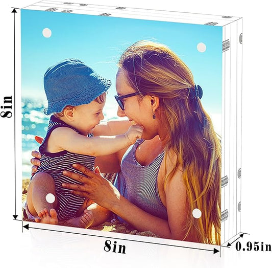 HELPLEX 5 Pack 8x8 Acrylic Picture Frames, 24mm Thicker Square Frameless Clear Frame Double Sided Magnetic Frame, Free Standing Desktop Display Stand