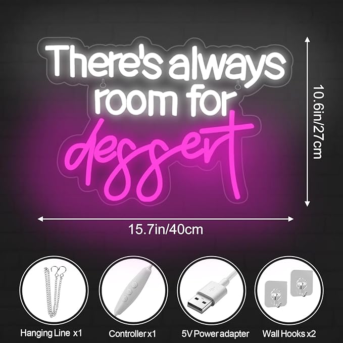 There's Always Room for Dessert Neon Sign Baking Bread Shop Decor Led Light Cafe Dessert Decor Welcome Sign Open LED Light, 15.7"x10.6"