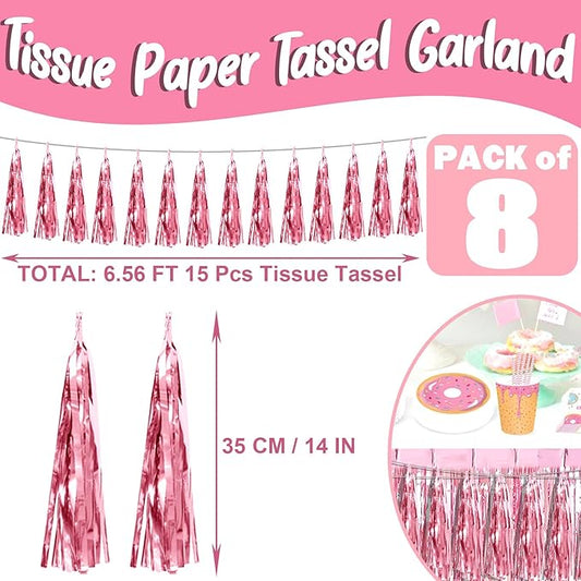 8P Light Pink Foil Fringe Metallic Tassel Streamers Banner Tassel Garland for Parade Floats, Bachelorette, Wedding, Birthday, Halloween, Christmas, Bridal/Baby Shower Party Decorations