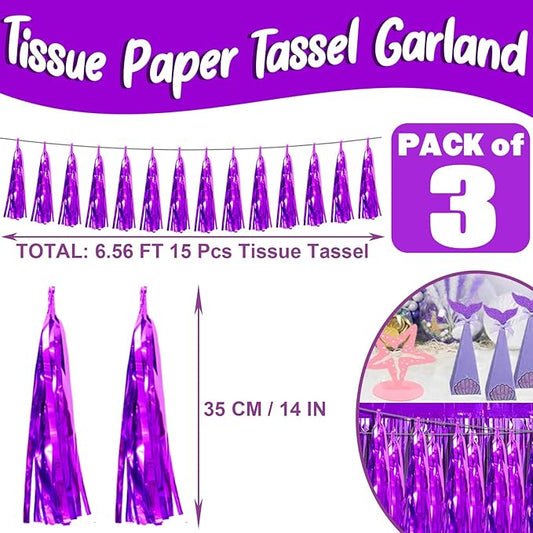 3P Purple Foil Fringe Metallic Tassel Streamers Banner Tassel Garland for Parade Floats, Bachelorette, Wedding, Birthday, Halloween, Christmas, Bridal/Baby Shower Party Decorations