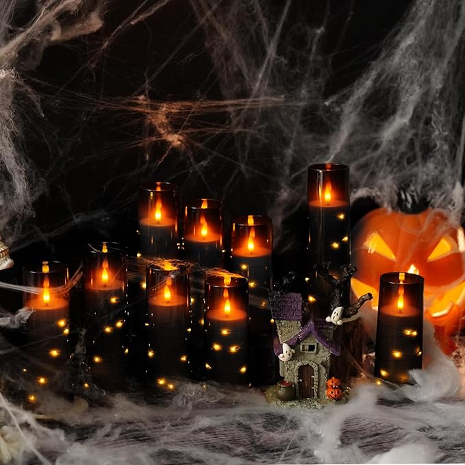Flameless LED Candles with Timer 9 Pc Flickering Flameless Candles for Romantic Ambiance and Home Decoration Stable Acrylic Shell,with Embedded Star String,Battery Operated Candles（Black）