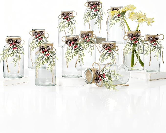 Set of 12 Xmas Decor Vases Christmas Centerpieces for Tables Farmhouse Holiday Table Decor Clear Glass Vases with Twine Ties for Christmas Decorations