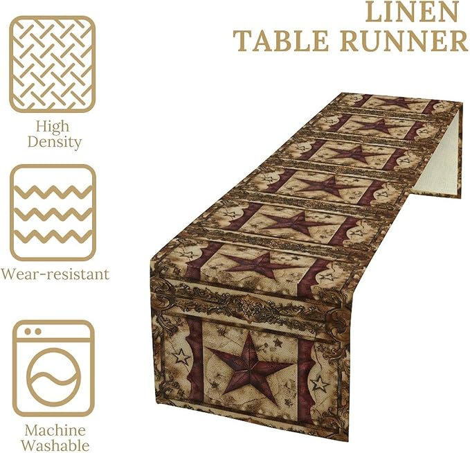 Wild West Table Runner, Rustic Farmhouse Texas Star Vintage Rodeo Cowboy Old Sign Wild West Print Pattern for Home Kitchen Table Decor Dining Coffee Room Garden Party Decor 13x36in