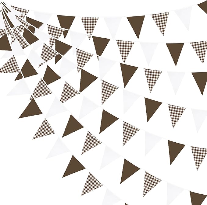 32Ft Coffee Brown Party Decorations Brown Buffalo Plaid Checkered White Triangle Flag Gingham Pennant Bunting Fabric Garland for Woodland Teddy Bear Baby Shower Birthday Home Outdoor Garden Decor
