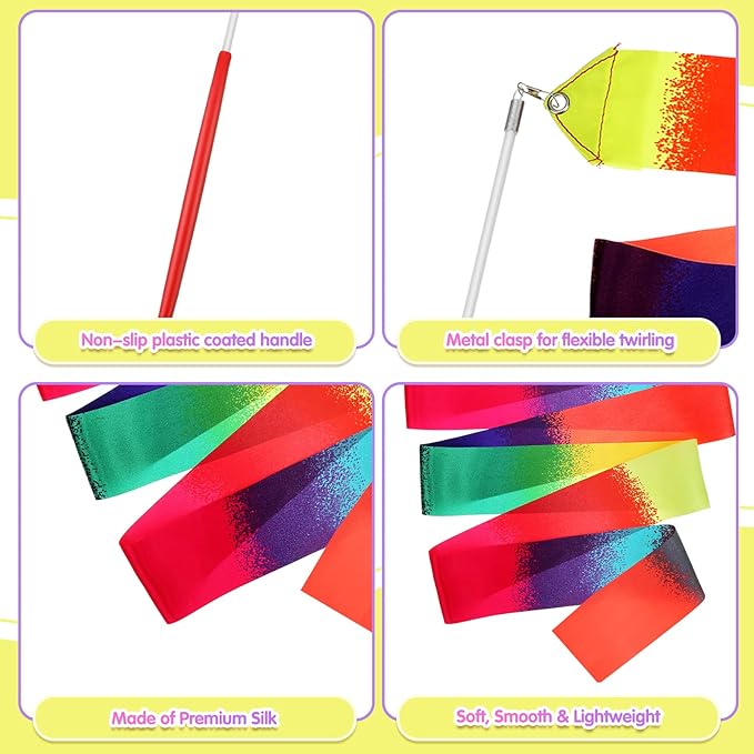 Yilloog 50 Pcs Ribbon Dancing Wands Party Favors, 78.7 Inch Artistic Gymnastics Ribbon Streamers Twirling Wands, Rainbow Birthday Decorations