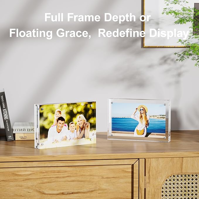 3 Pack 5x5 Acrylic Picture Frames - 20% Thicker Double Sided Magnetic Frame with UV Protection - Freestanding Clear Frameless Display for Tabletops - Modern Photo Frame Set for Home & Office Decor