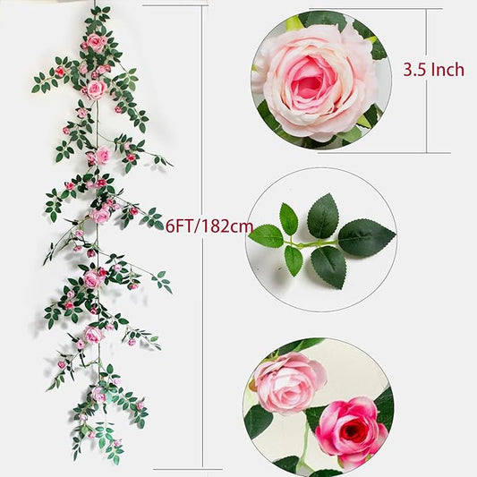6FT Pink Flower Garland Artificial Rose Vines Hanging Floral Garland for Home Decor Wall Trellis Fence Wall Decoration (Pink, 1pcs)