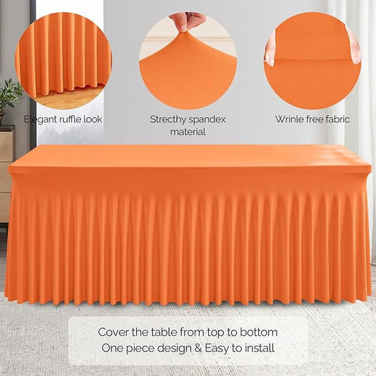 Wish Care 2 Pack Orange Spandex Table Clothes for 8 Foot Rectangle Tables, 8FT Wrinkle Free Fitted Tablecloths Ruffles Design Table Cover for Party, Banquet, Wedding and Events
