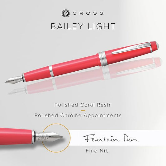 Cross Bailey Light Refillable Fountain Presented in a Everyday Gift Box - Medium Point, Black Ink, Polished Coral