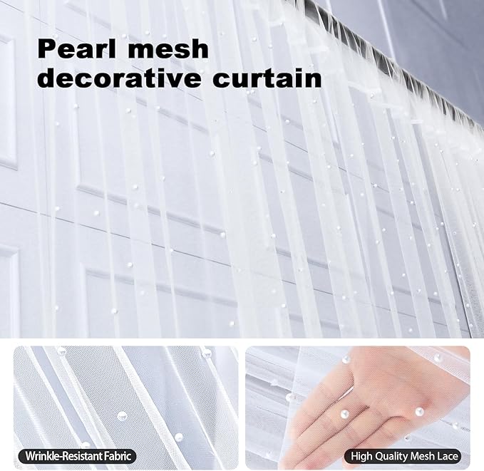 10 x 10 FT Pearl White Tulle Backdrop Curtain with Lights Strings,Wedding Background Curtain Baby Shower Birthday Parties Photo Decorations(2 Panels 5×10ft)