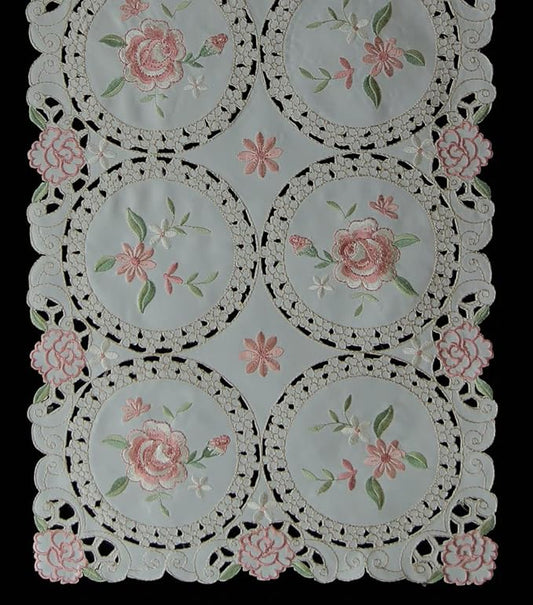 Creative Linens Embroidered Pink Rose Daisy Floral Table Runner Dresser Scarf 15x67 Ivory Spring