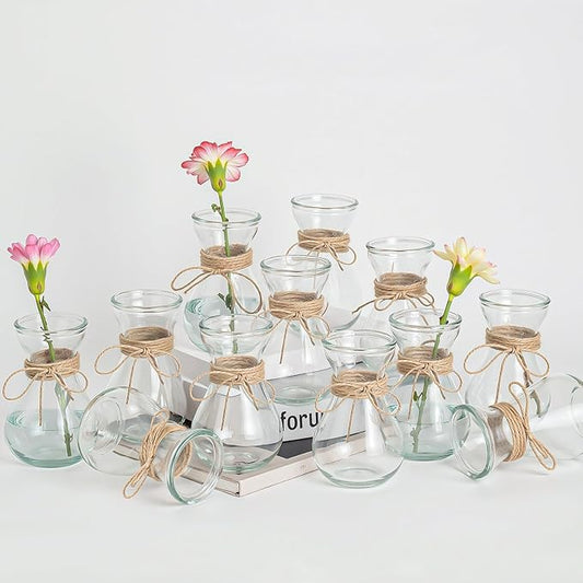 Glass Bud Vases for Centerpieces Set of 12 Clear Decorative Vase for Flowers 5.5" Small Bulb Plant Propagation Containers for Home Decor Wedding Table Decorations Rustic Farmhouse Style