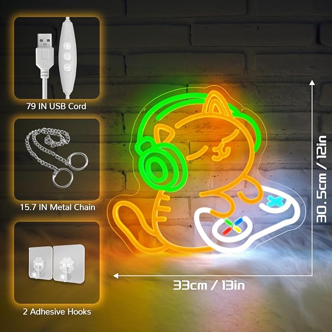 Cat Gamer Neon Sign,Cat with Headphones Led Sign,Neon Signs for Wall Decor,LED Gaming Neon Light for Boys Room,Game Room,Bedroom Decor,Anime Neon Wall Light for Mancave