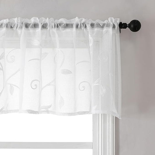 VISIONTEX Sheer Voile Curtain Valances, Decorative Leaves Embroidered, Rod Pocket Window Treatment for Kitchen/Rustic Bedroom/Living Room (54 x 16 Inch,1 Panel)
