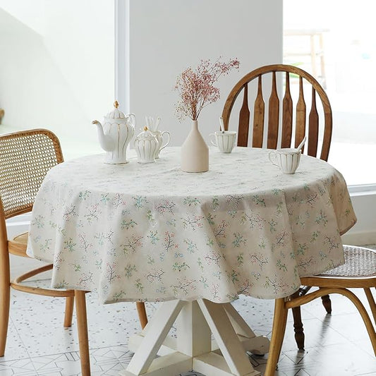 YiHomer Pastoral Round Tablecloth - 60 Inch Dia. - Beige Linen Table Cloth - Washable Table Cover with Dust-Proof Wrinkle Resistant for Restaurant, Picnic, Bistro, Indoor and Outdoor Dining, Gardenia