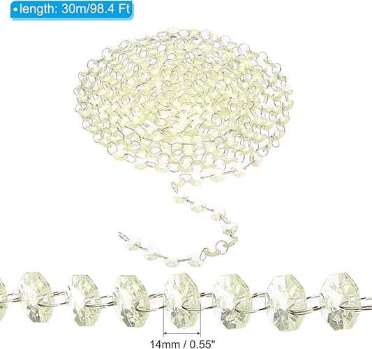 PATIKIL 14 mm Crystal Garland Strands, 98.4 Ft Acrylic Octagon Chandelier Bead Chains String for DIY Craft Wedding Party Home Decorative Jewelry Making, Champagne