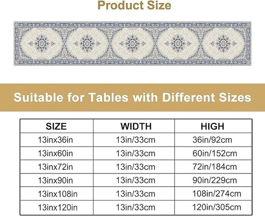 Boho Bohemia Style Table Runner, Vintage Blue Gold Retro Flower Rustic Country Style Floral Print Pattern for Home Kitchen Table Decor Dining Coffee Room Garden Party Decor 13x60in
