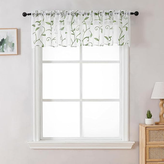 VISIONTEX Sheer Voile Curtain Valances, Decorative Leaves Embroidered, Rod Pocket Window Treatment for Kitchen/Rustic Bedroom/Living Room (54 x 16 Inch,1 Panel)