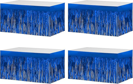 4 Pack Metallic Foil Fringe Tinsel Table Skirts,29x108 Inch Party Disposable Table Skirt Banner for Hotel Banquet Parade Floats Mardi Gras Holiday Birthday Wedding New Year Party Decoration(Blue)