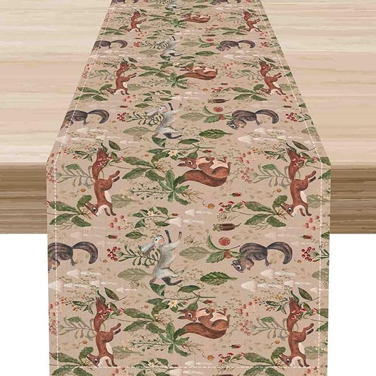 Rustic Woodland Table Runner, Farmhouse Forest Animals Country Lodge Wild Hunt Deer Rabbits Table Center Decor for Home Kitchen Dining Patio Holiday Party Indoor Table Decorations, 13"x90" Inch