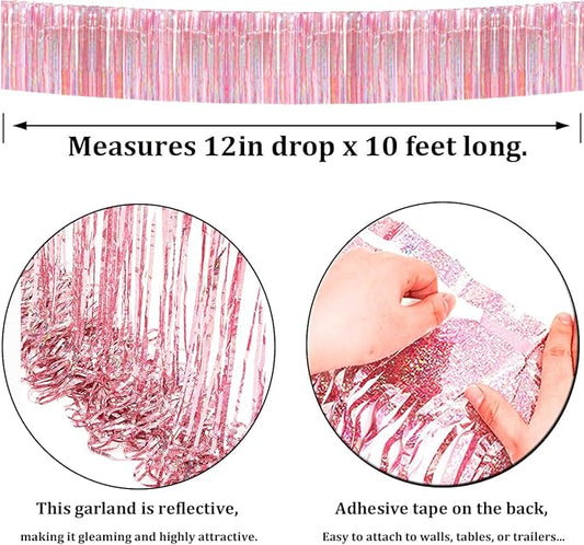 4 Pack Iridescent Pink Total 40 Feet Foil Fringe Garland Metallic Tinsel Banner Wall Hanging Drapes Parade Float Skirting Decorations for Trailer Mardi Gras Party Birthday Wedding