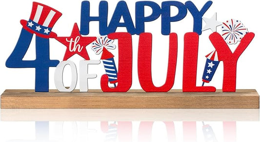 Happy 4th of July/Patriotic Metal Sign Rustic Table Decor Holiday Tiered Tray Decor with Wooden Base Freestanding Metal Word Sign for Home Tabletop Centerpiece Mantel Shelf Fireplace