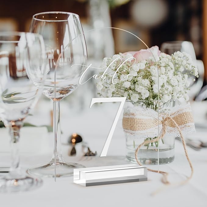 JINMURY Clear Arch Table Numbers for Wedding, 5x7 Inch Arched Acrylic Table Numbers 1-20 with Stands, Clear Acrylic Arch Sign with Holder for Centerpiece, Reception, Wedding, Party, Event