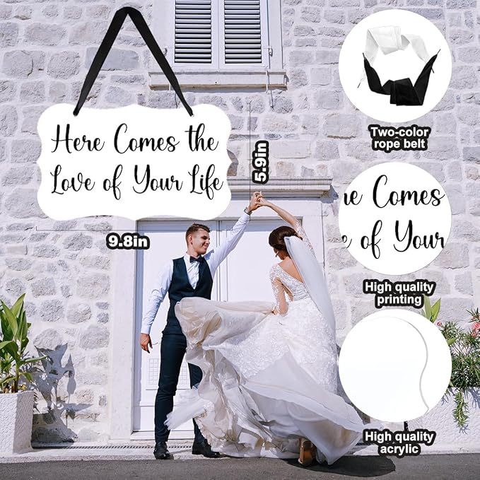 Acrylic Wedding Sign, Ring Bearer Sign, for Rustic Wedding Decor Signs, Acrylic Wall Art With Ribbon for Chairs Weddings Reception Decor and Event Party - Here Comes The Love of Your Life (White)