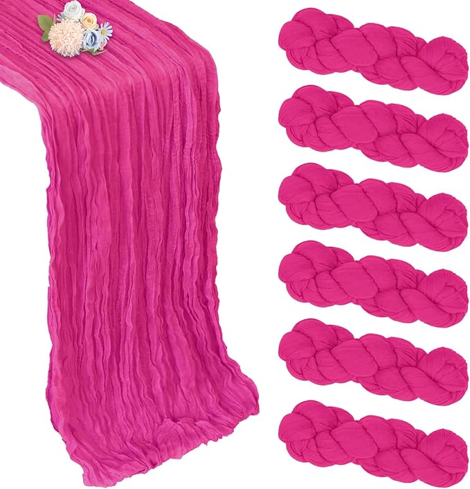 6 Pack Hot Pink Cheesecloth Table Runner 10ft Boho Gauze Fabric Cheese Cloth Table Runner 35 x 120 Inch Rustic Sheer Runner for Romantic Wedding Decor Baby Shower Party Table Centerpiece Decoration