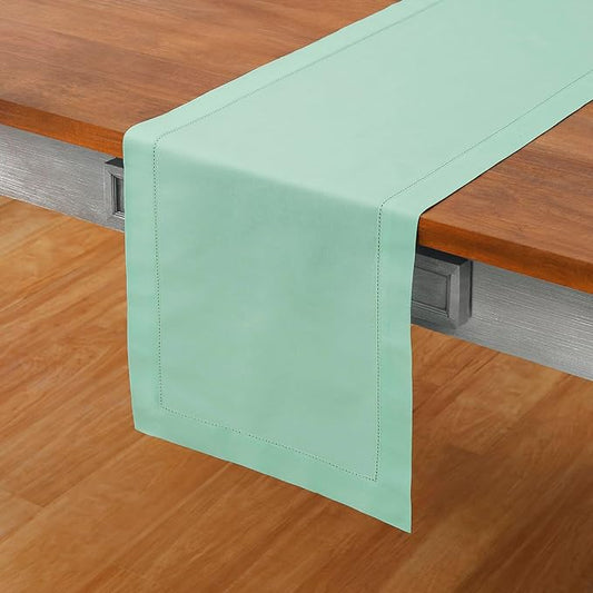 Solino Home Table Runner 108 Inches Long - Cotton Linen Hemstitch Aqua Table Runner 14 x 108 Inch