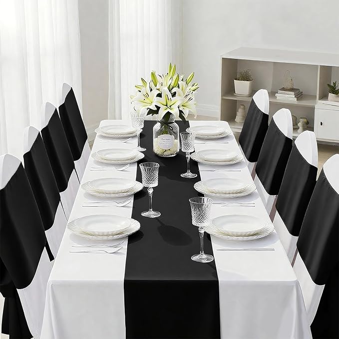 SHEJIZE 10 Pack Black Satin Table Runner 12x108 Inches Long, Bright Silky Smooth Satin Table Runner Table Decor for Wedding Banquet Christmas Prom Event Birthday Party