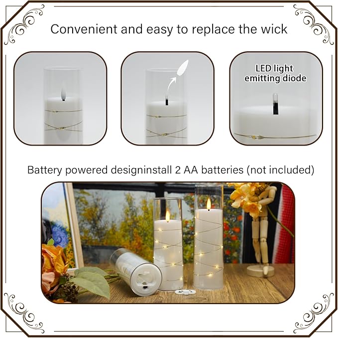 Flickering Flameless LED Candles, 9 Pcs with Embedded Star String, Acrylic LED Pillar Candles with Remote, Suitable for Home Decoration (White)