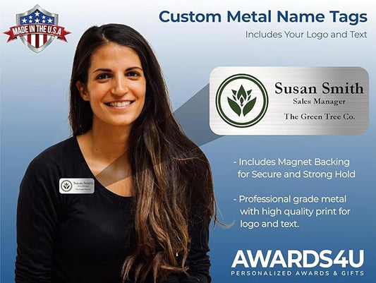 Custom Name Tag with Logo - Personalized Name Badge with Magnet Backing - Choose Your Size and Color (Silver Metal 3"x1.25" - Logo on Left)