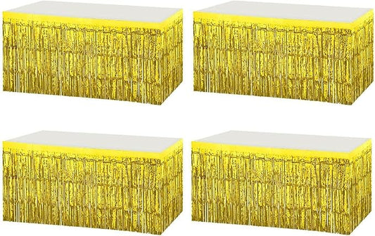 4 Pack Metallic Foil Fringe Tinsel Table Skirts,29x108 Inch Party Disposable Table Skirt Banner for Hotel Banquet Parade Floats Mardi Gras Holiday Birthday Wedding New Year Party Decoration(Gold)