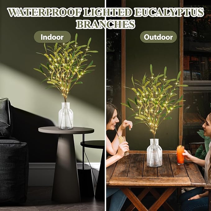 Olive Branches for Vases with Battery Operated Lights 33 Inches, 99LED Lighted Olive Tree Branches with Timer for Indoor Outdoor Spring Christmas Room Wedding Decoration