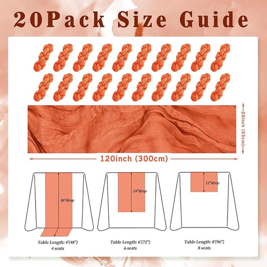 Orange Cheesecloth Table Runner 20 Pack 10FT Boho Fabric Rustic Cheese Cloth Table Runner for Wedding 20 x 120 Inch Long Bridal Shower Baby Shower Gauze Sheer Birthday Party Table Decorations