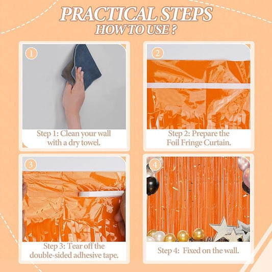 3 Pack Foil Fringe Backdrop - Orange Shiny Tinsel Curtains for Party Decoration/Photo Booth Props - 3.3x8.2 FT Metallic Foil Backdrop for Birthday, Wedding, Graduation, Christmas.