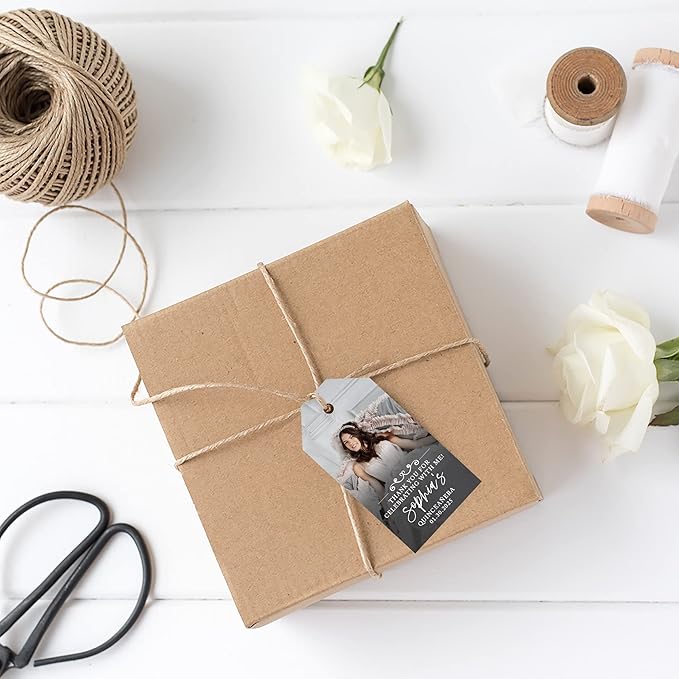 Andaz Press 40-Pack Personalized Quinceañera Favor Tags with String, Classic Thank You for Celebrating with Me Gift Tags with Custom Photo for Mis Quince Años, XV, 15th Birthday, Favor Gifts