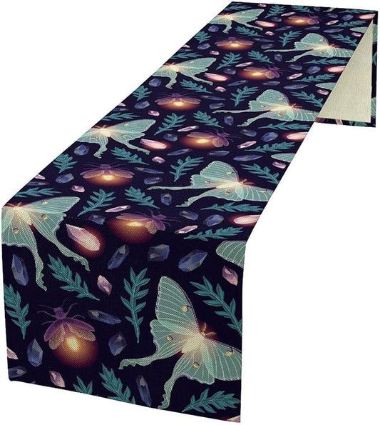 Moth Table Runner, Retro Boho Aesthetic Blue Moth Magic Table Runner for Home Kitchen Dining Party Indoor Outdoor Decoration 13x120 Inch