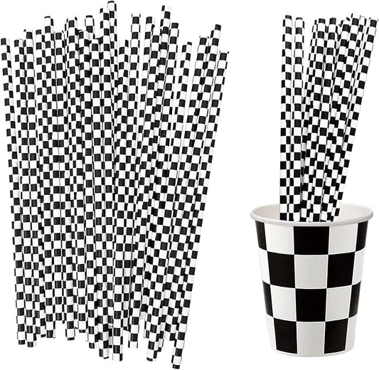 50 Pcs Checkered Flag Paper Straws Racing Car Straws Black and White Checkered Drinking Straws for Racing Birthday Party Decorations, Standard, Black/White