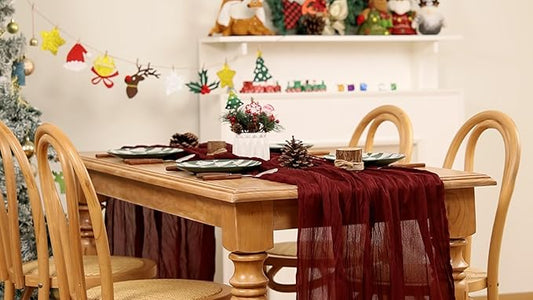 MLMW 4 Pack Christmas Table Runner Cheesecloth Burgundy Boho Cheese Cloth 160 inch Gauze Rustic Sheer Table Runner 13.3ft for Party Wedding Baby Bridal Shower Birthday