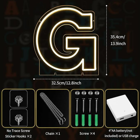 Light Up Letters G, Led Marquee Letter Lights Neon Sign, 13.9" Height Decorative Lighted Alphabet Number, Battery/USB Powered Led Letters Lights for Wedding, Birthday, Party, Christmas or Home Decor