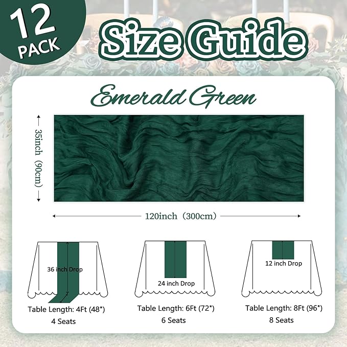 12 Pack Emerald Green Cheesecloth Christmas Table Runner 10ft Boho Gauze Fabric Cheese Cloth Table Runner 35 x 120 Inch Rustic Sheer for Wedding Decor Baby Shower Party Table Centerpiece Decoration