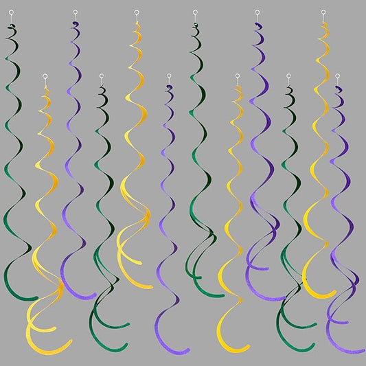 36 Pcs Green Yellow Purple Hanging Swirl Decorations Felt Swirl Streamer Spiral Ceiling Garland Banner for Mardi Gras Masquerade Theme Birthday Baby Shower Wedding Engagement Party Decor Supplies