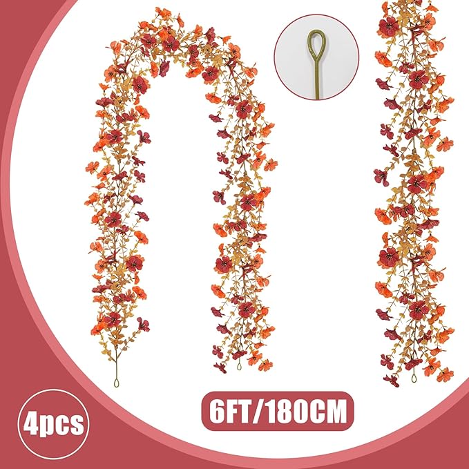 4 Pack Artificial Fall Flowers Garland, 6 FT Fall Decorations Fake Mums Floral Vines UV Resistant Faux Hanging Flower Ivy Garland for Home Party Table Wall Mantel Decor (Orange + Dark Red)