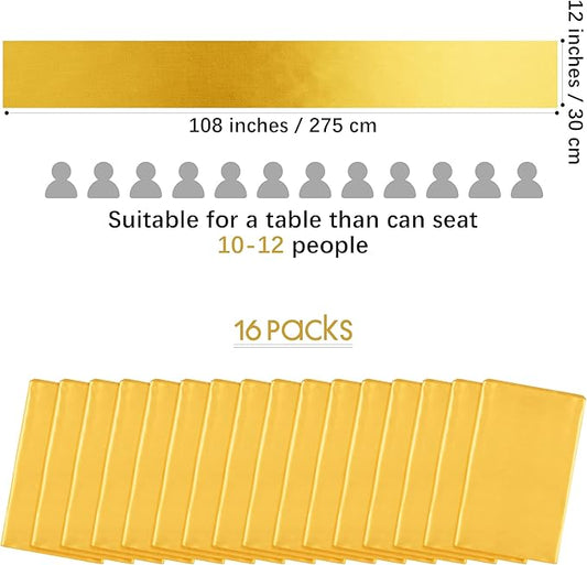 Aneco 16 Pack Satin Table Runner 12 x 108 Inch Gold Long Wedding Satin Silk Table Runner for Wedding Banquet Graduations Birthday Party Decoration
