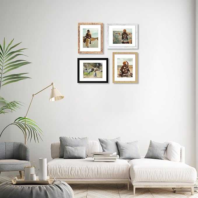 11x14 Picture Frame Set of 4, High Definition Tempered Glass 11 x 14 Frames Display 8x10 Pictures with Mat, Mixed Color Wood Photo Frame Wall Mounting