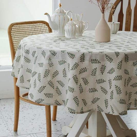 Pastoral Round Tablecloth - 60 Inch Dia. - Beige Linen Table Cloth - Washable Table Cover with Dust-Proof Wrinkle Resistant for Restaurant, Picnic, Bistro, Indoor and Outdoor Dining, Green Leaf